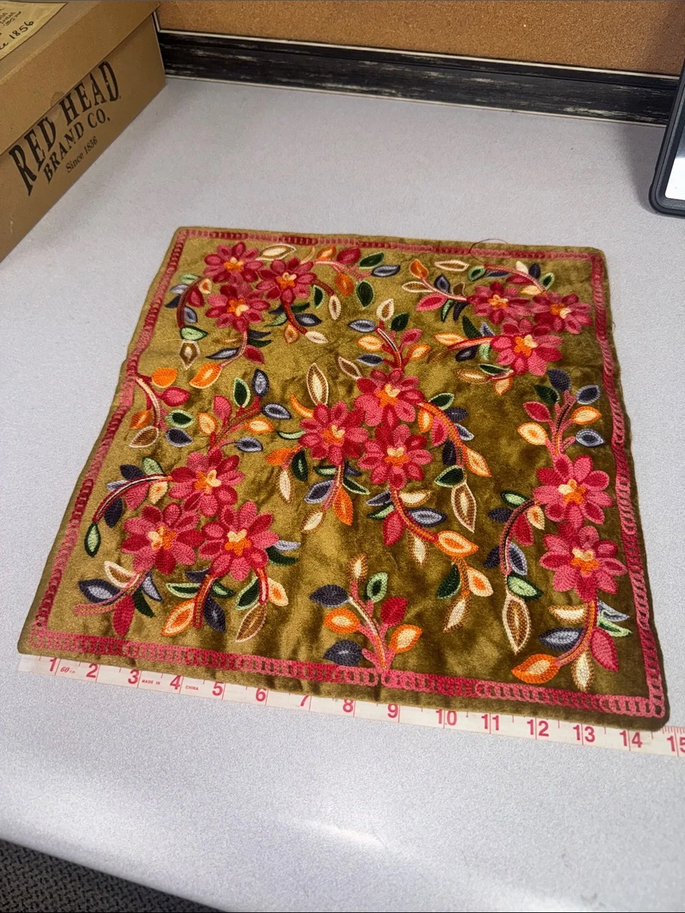 Embroidered Floral Velvet Accent pillowcase  - Olive Green with Pink Flowers